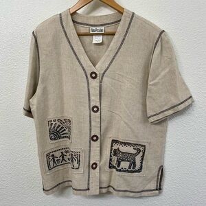 Nina Piccalino Natural Beige Linen V-Neck Top Aztec Tribal Animal Vintage